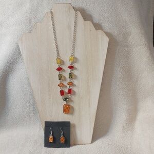 Acrylic Amber, orange & green yellow necklace & matching earrings,  stri…